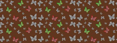 Tekstil, duvar kâğıtları, web sayfası arkaplanları ve yüzey dokuları için mükemmel. Kahverengi renkli kelebeklerin eskiz arkaplanı. Raster illüstrasyonu.