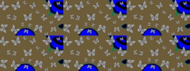 Davetiye, kart ve parmak izi için basit şirin bir model. Kahverengi arka planda renkli bir kelebek. Kelebeklerle dolu renkli bir halk eskizi çizimi..