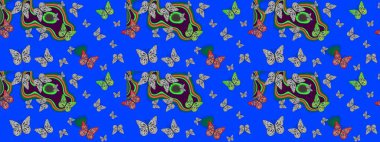 Watercolor Style 'da uçan kelebeklerle eskiz kalıbı. Doğadaki güzellik. Kumaş, Tekstil, Baskı ve Davetiye için arka plan. Raster illüstrasyonu.