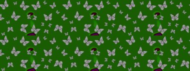 Kart, baskı ve davetiye için basit kadınsı bir model. Raster illüstrasyonu. Yeşil arka planda renkli kelebek koleksiyonu. Kağıt, kumaş ve ambalaj için uygun. Çizim.