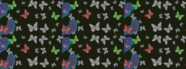 Gri arka planda kıyafet tasarımı için dekorasyon. Renkli kelebeklerin eskiz geçmişi. Raster illüstrasyonu.