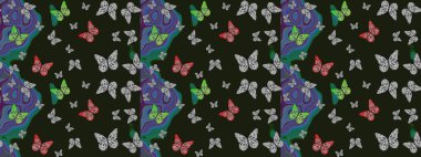 Raster. Gri arkaplandaki suluboya kelebeklerin. Web sayfası geçmişleri, duvar kağıtları, tekstil ve yüzey dokuları için mükemmel. Raster illüstrasyonu. Çizim deseni.