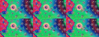 Raster illüstrasyonu. Şirin çiçekli eskiz deseni ve yeşil renkli yapraklar, suluboya çiçek deseni, duvar kağıdı, kart veya kumaş için fayanslı.