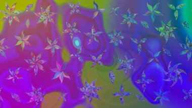 Raster illüstrasyonu. Patlayan çiçekler soyut olarak yerleştirilmiş. Raster deseni. Yumuşak, bahar çiçekleri menekşe renklerinde.