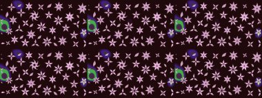 Kahverengi renkte çok kahverengi, zarif küçük çiçekler ve komik böcekler, raster desen, illüstrasyon.