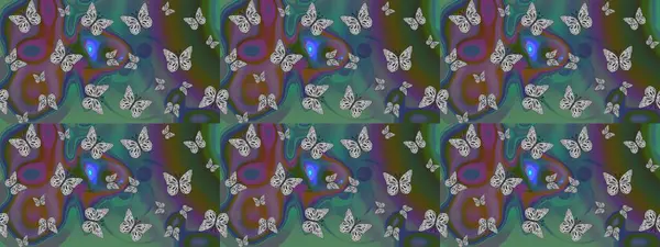 Raster illüstrasyonu. Sonsuz. Robot resim. Çizim, karalama, karalama. Yeşil arka planda kelebekler. Kelebeklerle tasarım.