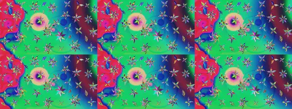 Raster illüstrasyonu. Şirin çiçekli eskiz deseni ve yeşil renkli yapraklar, suluboya çiçek deseni, duvar kağıdı, kart veya kumaş için fayanslı.