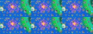 Raster - stok. Eskiz arkaplan modeli. Yapraklı çiçekler ve mavi renkli papatya çiçekleri..