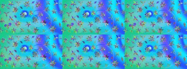 Çiçekli karalama şeklinde Raster çiçek deseni. Raster illüstrasyonu. Nazikçe, yaz çiçekleri mavi renklerde.