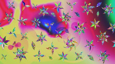 Suluboya elle çizilmiş çiçek desenli eskiz deseni. Parlak renkli fantezi çiçekleri, yapraklar, tarafsız renklerde tomurcuklar.