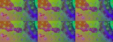 Raster illüstrasyonu. Asya tekstil tarzında. Raster illüstrasyonu. Çiçek desenli çizim. Yeşil renkte çiçekler.