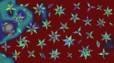 Raster çiçek desenli çiçek deseni, yapraklar, dekoratif elementler, sıçrama, lekeler, el çizimi kontur çizgileri ve Doodle çizim stili, grafik raster çizim çizimi.