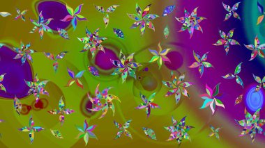 Raster Floral Illustration, Asyalı tekstil. Yeşil renkli etnik çiçeklerle zarif eskiz deseni.