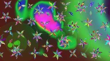 Çiçekli ipek eşarp. El çizimi çiçek unsurları olan soyut çizim raster deseni. Yeşil yeşile. 1950-1960 motifleri. Retro tekstil tasarım koleksiyonu.