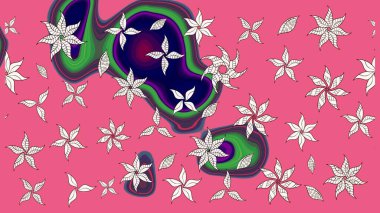 Halk tarzı. Moda baskıları için zarif bir şablon. Parlak renkli çiçekleri ve pembe renkli yaprakları olan harika bir çiçek deseni. Modern çiçek arkaplanı.