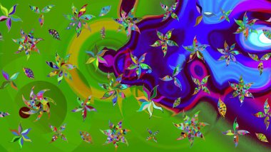 Yumuşak, yeşil renkli bahar çiçekleri. Raster deseni. Raster illüstrasyonu. Patlayan çiçekler soyut yerleştirilmiş.