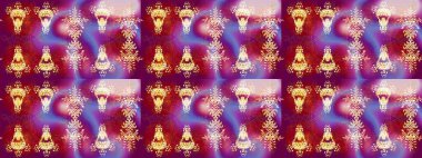 Renkli desenli kusursuz desen, mor çiçekler ve dekoratif elementler. Kusursuz bir geçmişi var. Raster illüstrasyonu. Kumaş, tekstil, duvar kağıdı baskısı için. Antika retro tarzı.
