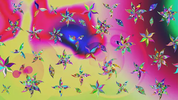 Suluboya elle çizilmiş çiçek desenli eskiz deseni. Parlak renkli fantezi çiçekleri, yapraklar, tarafsız renklerde tomurcuklar.