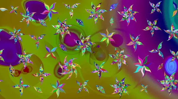 Raster Floral Illustration, Asyalı tekstil. Yeşil renkli etnik çiçeklerle zarif eskiz deseni.