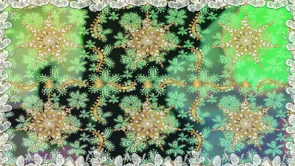 Yeşil renklerde ve altın elementlerle kusursuz klasik desen. Noel, kar tanesi, yeni yıl 2019.