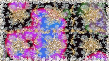 Doğu tarzı arabesk. Parlak dantel, stilize çiçekler, şal desenli. Hassas altın deseni açın. Kusursuz altın desenli bukleler. Gri renklerde, altın elementlerle kusursuz desen. Raster..