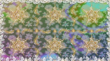 Gri renkli ve altın elementli altın desenli. Raster altın tekstil baskısı. İslam tasarımı. Çiçek kiremitleri. Kusursuz desenli oryantal süs.