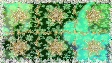 Kusursuz soyut bir arkaplan. Raster illüstrasyonu. Oriental raster klasik yeşil ve altın desenli.