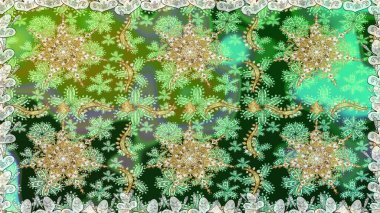 Raster oryantal süs. Kusursuz altın desen. Yeşil renklerde, altın elementlerle kusursuz desen.