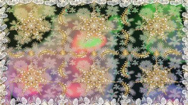 Raster soyut çiçek çelengi altın karalama fantezi yaprakları ve tarafsız renklerde çiçek. El yapımı dekoratif çerçeve, albüm kapağı, tebrik kartı, klasik Art deco tarzı.