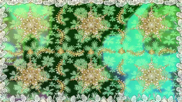 Kusursuz soyut bir arkaplan. Raster illüstrasyonu. Oriental raster klasik yeşil ve altın desenli.
