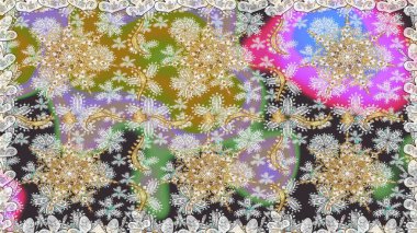 Çiçekli süslemeli, pürüzsüz bir desen. Doğu tarzında klasik tasarım öğesi. Gri renkli geleneksel Arapça dekor. Duvar kâğıdı için altın süslü bir illüstrasyon. Süslü dantel iz sürücü.