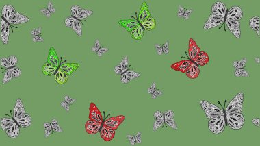 Robot resim. Kumaş, tekstil, baskı ve davetiye örnekleri. Raster. Yeşil arka planda bir resim. Kelebek deseni.