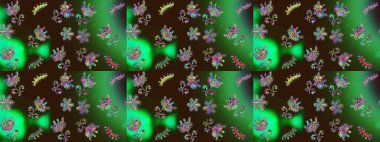 Ağaç dallı bahar çiçekleri deseni, yeşil, kahverengi ve gri renkler ve çiçek silueti. Raster deseni.