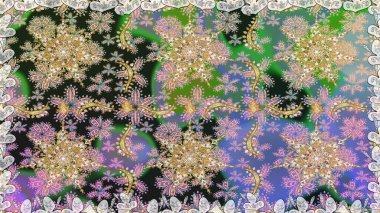 Raster. Kusursuz altın desenli bukleler. Doğu tarzı arabesk. Parlak dantel, stilize çiçekler, şal desenli. Hassas altın deseni açın. Gri renklerde, altın elementlerle kusursuz desen.