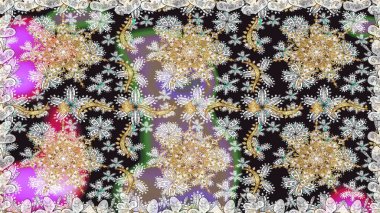 El yapımı dekoratif çerçeve, albüm kapağı, tebrik kartı, klasik Art deco tarzı. Raster soyut çiçek çelengi altın karalama fantezi yaprakları ve gri renkli çiçekler.