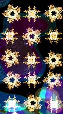 Arkaplanda soyut kar taneleri olan düz tasarım. Kar taneleri arka planda. Kar taneleri deseni. Raster illüstrasyonu. Kar tanesi süslemeli desen.