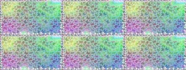 Raster illüstrasyonu. Ambalajlar, duvar kağıtları, kumaş tasarımı ve kağıt için güzel bir arka plan. Renkli kelebeklerin kusursuz arka planı. Mavi ve nötr tatlı kelebekler.