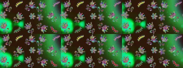 Ağaç dallı bahar çiçekleri deseni, yeşil, kahverengi ve gri renkler ve çiçek silueti. Raster deseni.