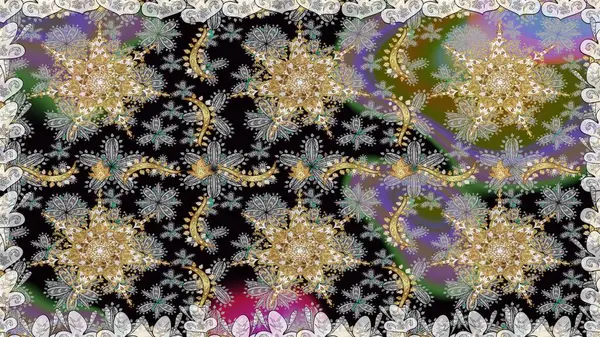 Altın desenli çiçek dekoru. Çizgi sanatı tasarım şablonu için kusursuz sınır. Davetiyeler, kartlar, web sayfası için Raster illüstrasyon. Doğu tarzı element. Gri renklerdeki altın element.