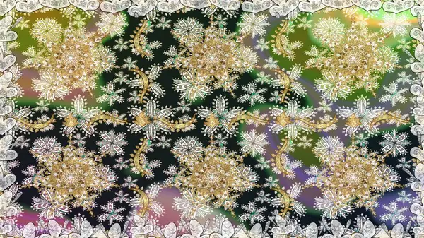 Altın şablon. Kusursuz desenli altın elementler. Klasik çiçek dokusu. Gri renkli Royal retro. Kart, duvar kağıdı, ambalaj ve tekstil için klasik tasarım. Raster illüstrasyonu.