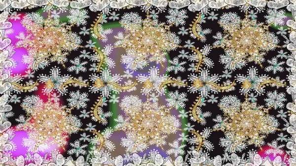 El yapımı dekoratif çerçeve, albüm kapağı, tebrik kartı, klasik Art deco tarzı. Raster soyut çiçek çelengi altın karalama fantezi yaprakları ve gri renkli çiçekler.