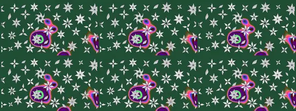 Suluboya elle çizilmiş çiçek desenli eskiz deseni. Parlak renkli fantezi çiçekleri, yapraklar, yeşil renkli tomurcuklar.