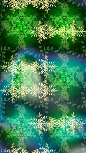 Sihirli yeşil, mavi ve nötr tatil soyut arka plan yıldız ve düşen kar taneleri. Raster illüstrasyonu. Noel yeşili, mavi ve nötr.