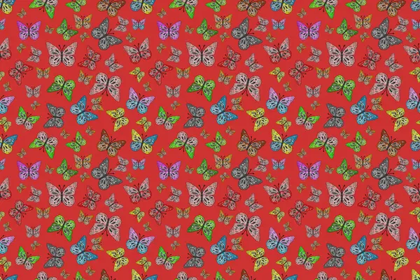 Giysi tarzı için siyah, turuncu ve gri arkaplan üzerine dekorasyon. Farklı renkte kelebeklerden kusursuz. Fantezi renkli resimler koleksiyonu. Tasarım için kelebekler.