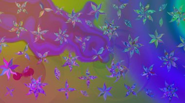 Raster illüstrasyonundaki çiçek desenli çizim. Renkli Yaz Temalı eskiz kalıbı. Mor renkli çiçekler. Düz Çiçek Elementleri Tasarımı.