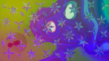 Raster illüstrasyonundaki çiçek desenli çizim. Renkli Bahar Teması eskiz kalıbı. Düz Çiçek Elementleri Tasarımı. Mor renkte çiçekler.