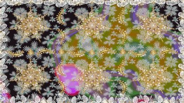 Süslü dantel iz sürücü. Duvar kâğıdı için altın süslü bir illüstrasyon. Doğu tarzında klasik tasarım öğesi. Gri renkli geleneksel Arapça dekor. Çiçekli süslemeli, pürüzsüz bir desen..