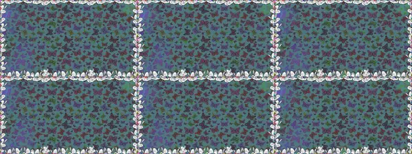 Parmak izi dokuları için sevimli kelebek deseni. Giysi tasarımı için dekor arka planı. Raster illüstrasyonu. Mavi, kahverengi ve gri kelebek deseni.