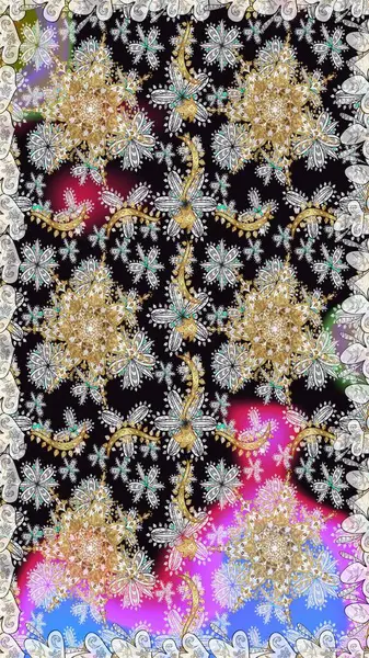 Altın antika ortaçağ dekoratifi, yapraklar ve gri renkli altın desenli süslemeleri olan pürüzsüz bir şablon. Kusursuz kraliyet lüksü, altın barok kumaş rengi..