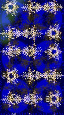 Mavi, gri ve kahverengi kar taneleri. Renkler. Noel ve yeni yıl moda baskıları için tatil tasarımı. Raster illüstrasyonu. Kar tanelerinin soyut arkaplanlı Noel deseni.